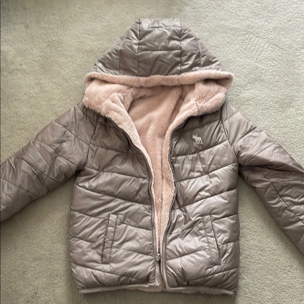 Abercrombie Kids Taupe Puffer Jacket with Faux Fur Lining